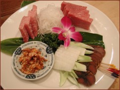 Sashimi:Three Delicacies from Tung KangBlack Tuna, Oilfish Roe, and Red Cherry Shrimp. 
